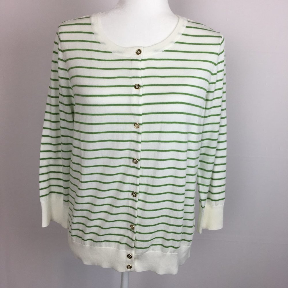 1901 Cardigan White Green Striped Gold Buttons
